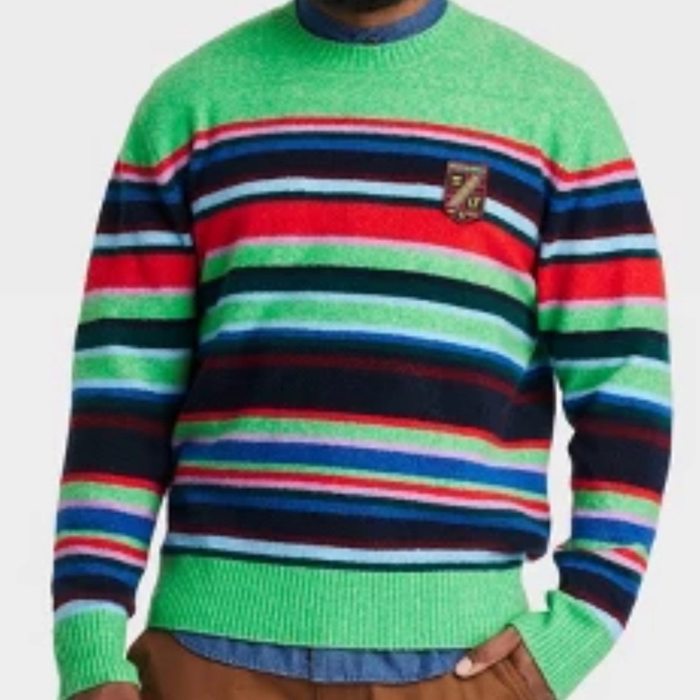 Houston White Adult Plus Size Crewneck
Pullover Sweater - Green Striped